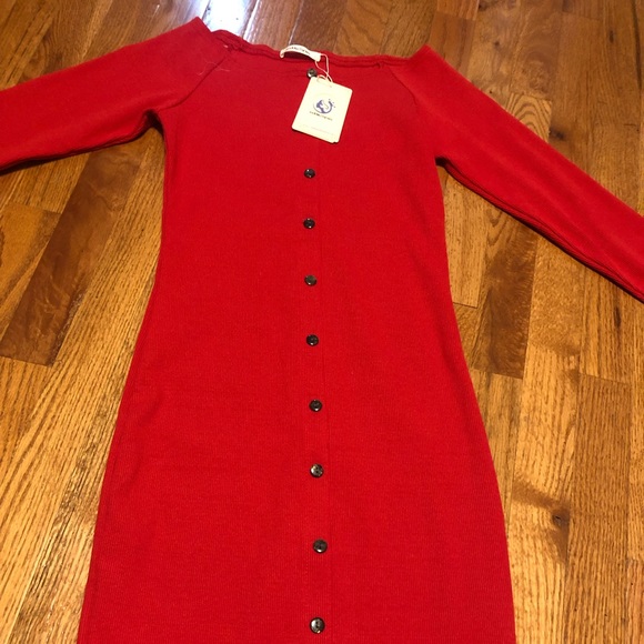 Red Ribbed Body Con Dress with Long Sleeves Size Large - Picture 2 of 7